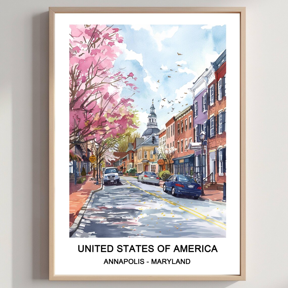 Annapolis Maryland Spring Street Scene Birds Watercolor Travel Poster