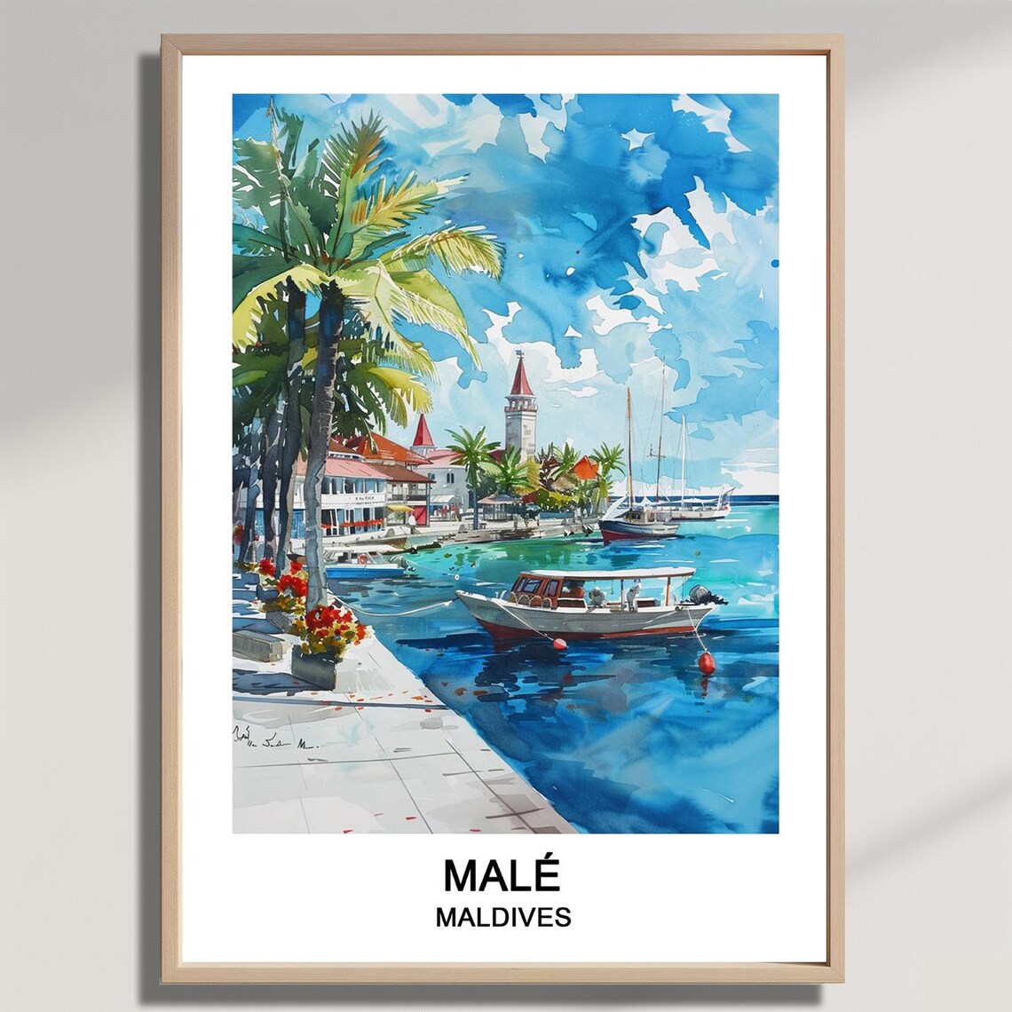 Male Maldives Watercolor Travel Poster Harbor Boats Lagoon Scene