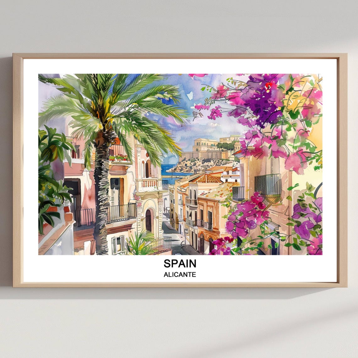 Alicante Spain Watercolor Travel Poster Palm Street Bougainvillea View