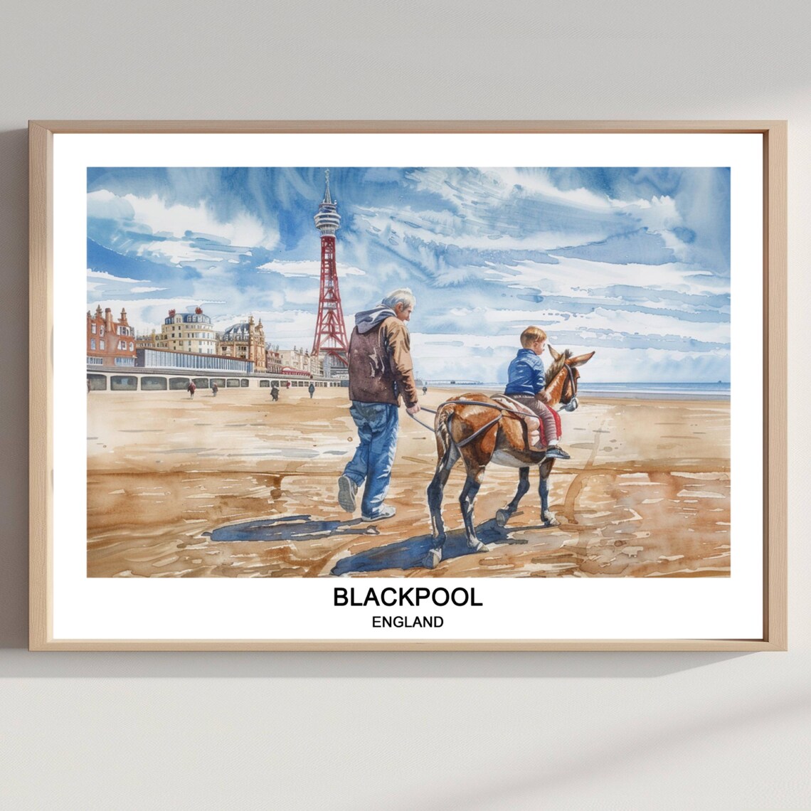 Blackpool England Watercolor Poster of the Beach and Tower Scene