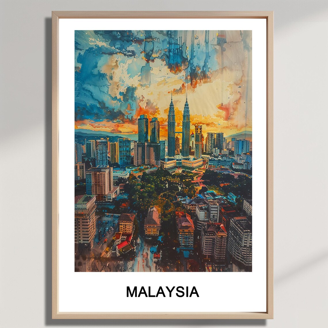 Malaysia Watercolor Travel Poster Kuala Lumpur Skyline