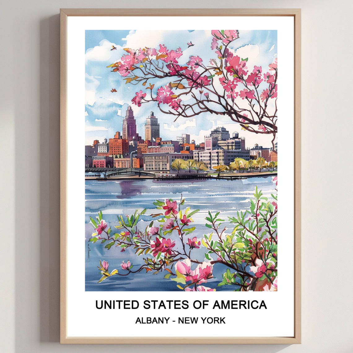 Albany New York Watercolor Skyline Spring Cherry Blossom Poster