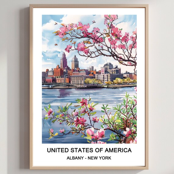 Albany New York Watercolor Skyline Spring Cherry Blossom Poster