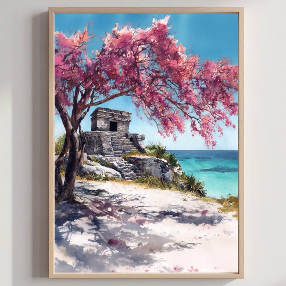 Isla Mujeres Ixchel Temple Mexico Watercolor Print Travel Art Poster