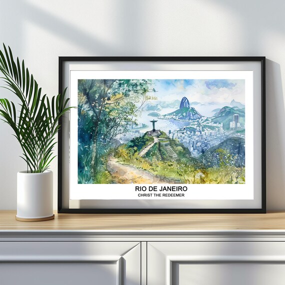 Rio de Janeiro Christ the Redeemer Watercolor Skyline Travel Art Poster