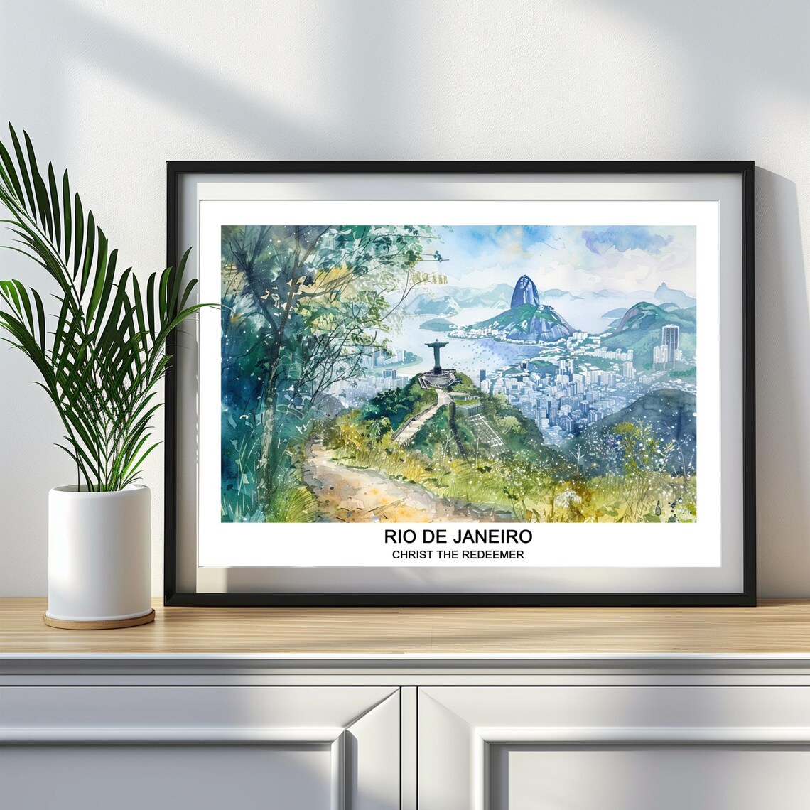 Rio de Janeiro Christ the Redeemer Watercolor Skyline Travel Art Poster