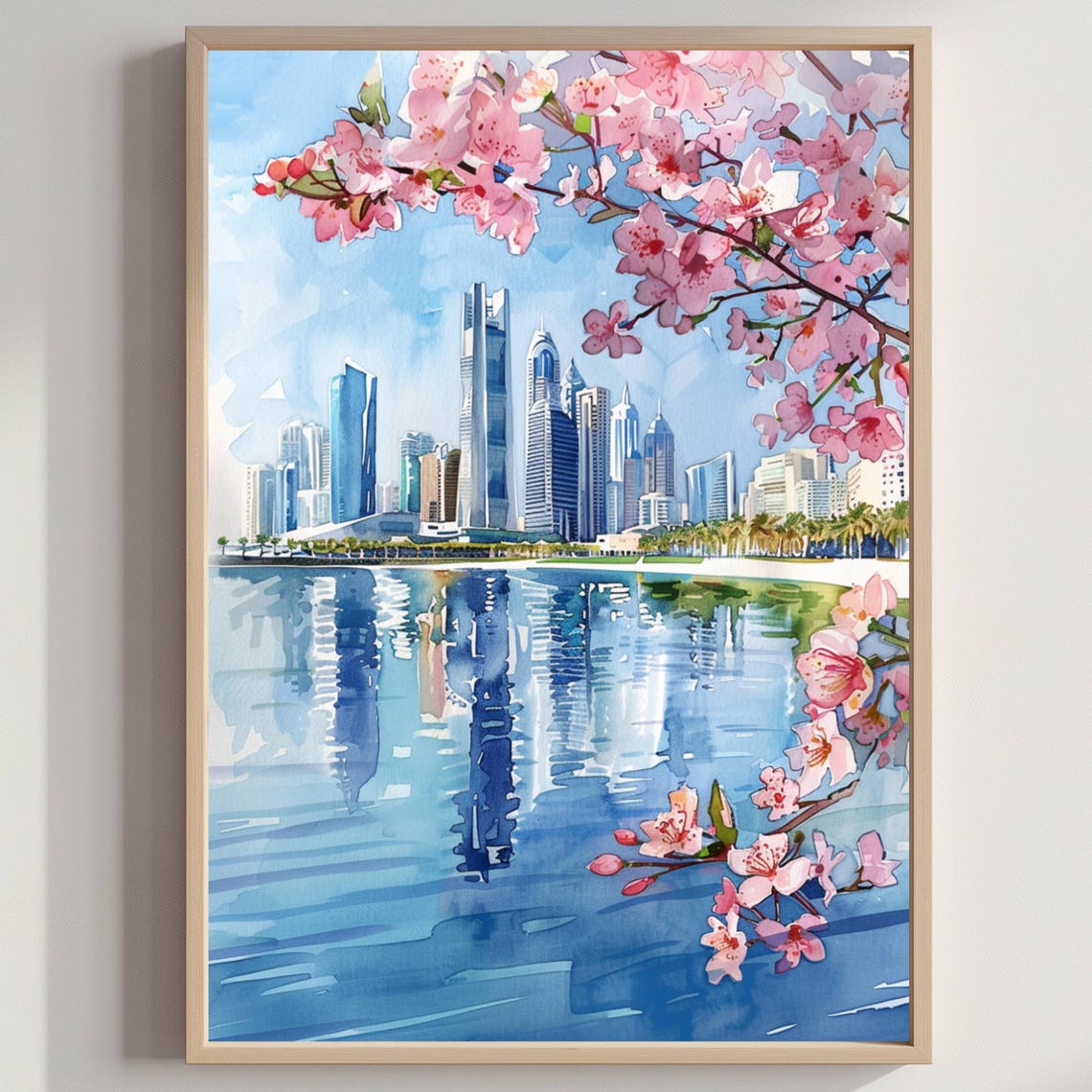 Abu Dhabi Watercolor Travel Poster Skyline With Cherry Blossoms