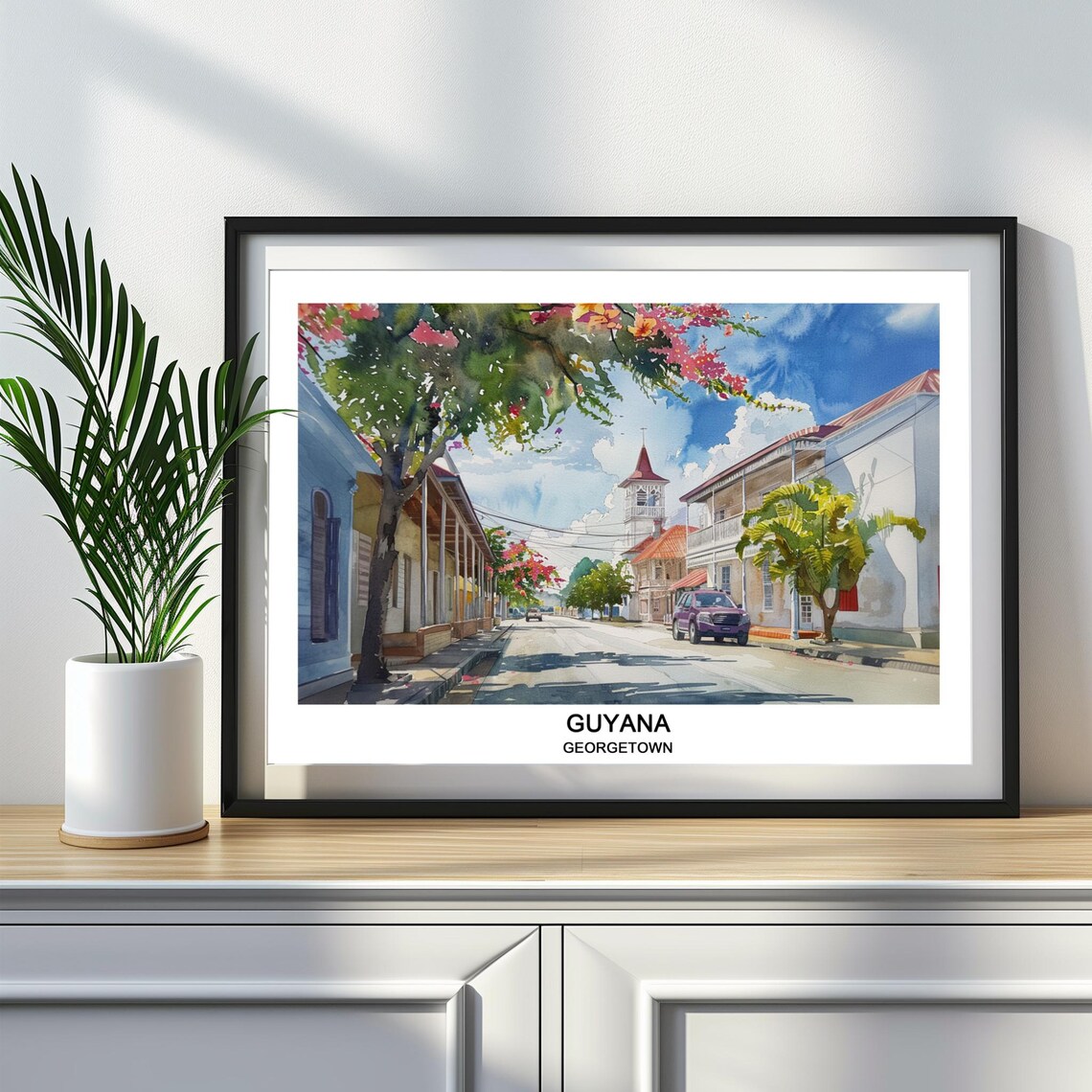 Georgetown Guyana Colonial Street Clock Tower Watercolor Travel Poster