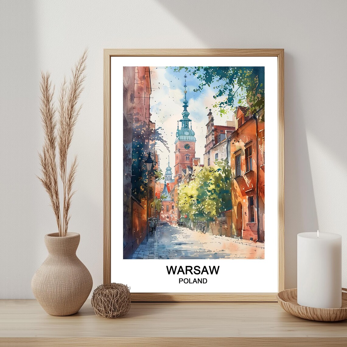 Warsaw Poland Old Town Watercolor Street Scene Travel Poster