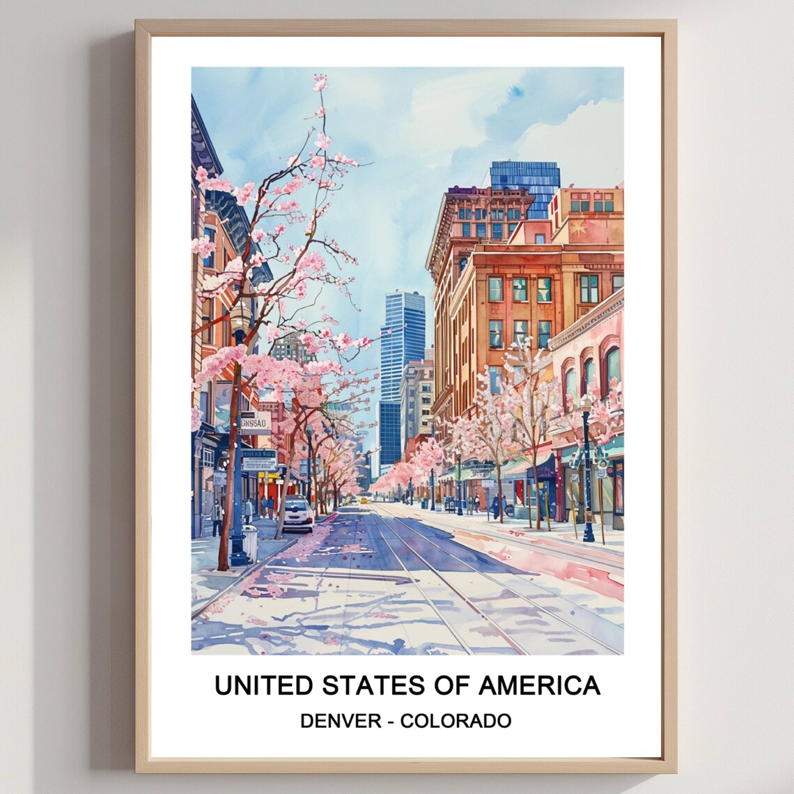 Denver Colorado Blossom Street Downtown Watercolor Travel Poster