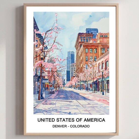 Denver Colorado Blossom Street Downtown Watercolor Travel Poster