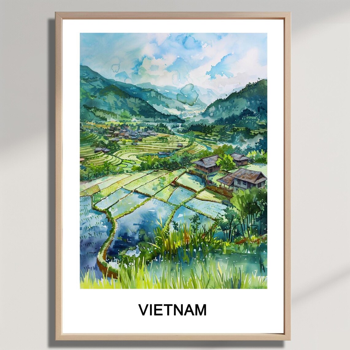 Vietnam Rice Terraces Green Valley Watercolor Travel Wall Art