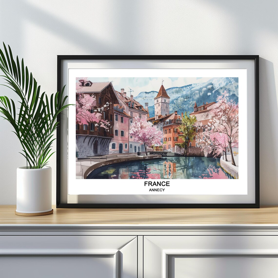 Annecy France Canal Watercolor Spring Blossom Alpine Travel Poster
