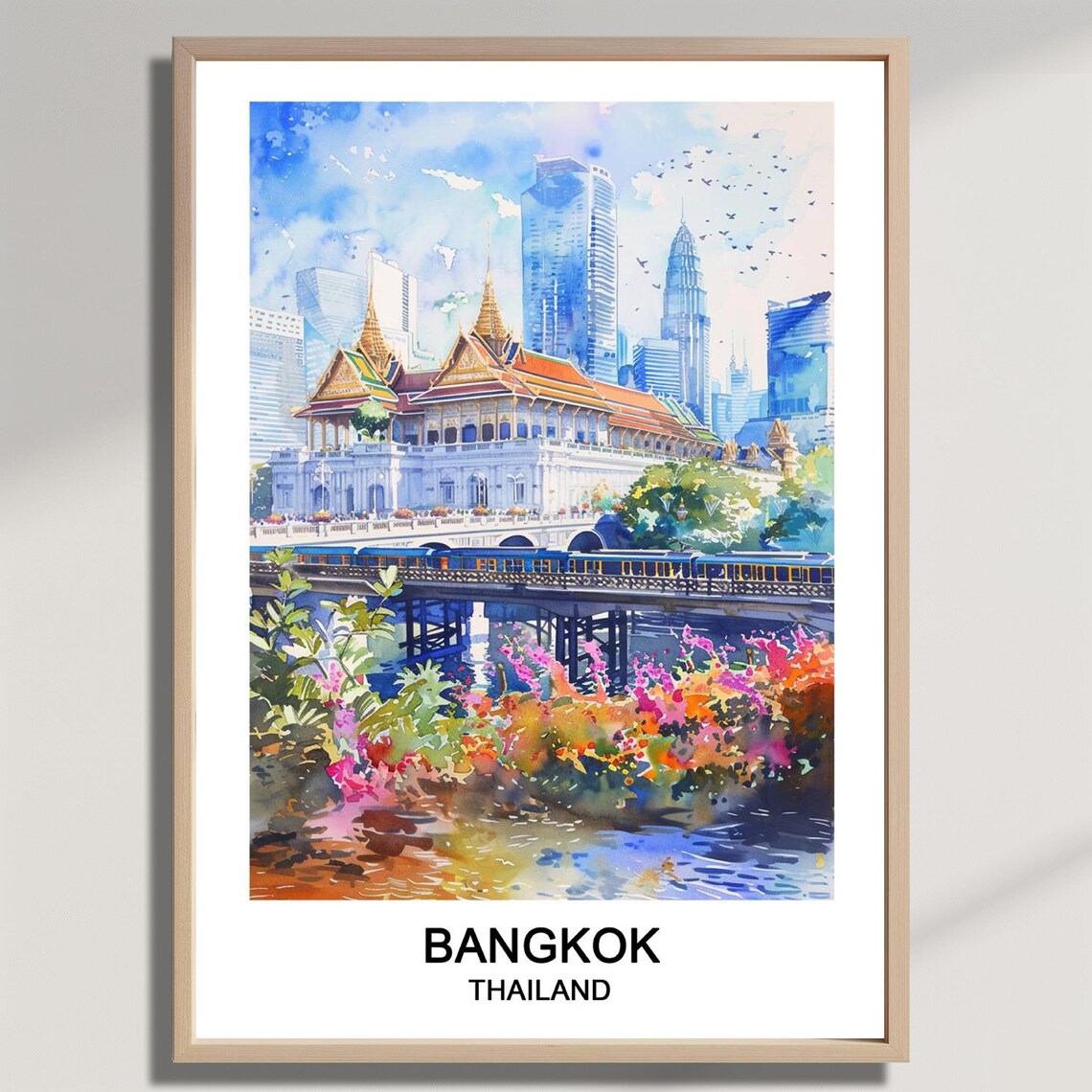 Bangkok Thailand Temple Skyline River Train Watercolor Travel Poster