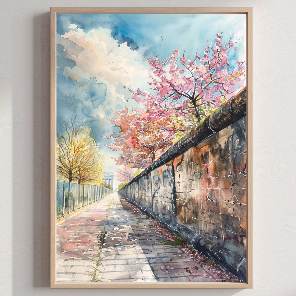 Berlin Wall Germany Watercolor Poster Cherry Blossom Historic Art