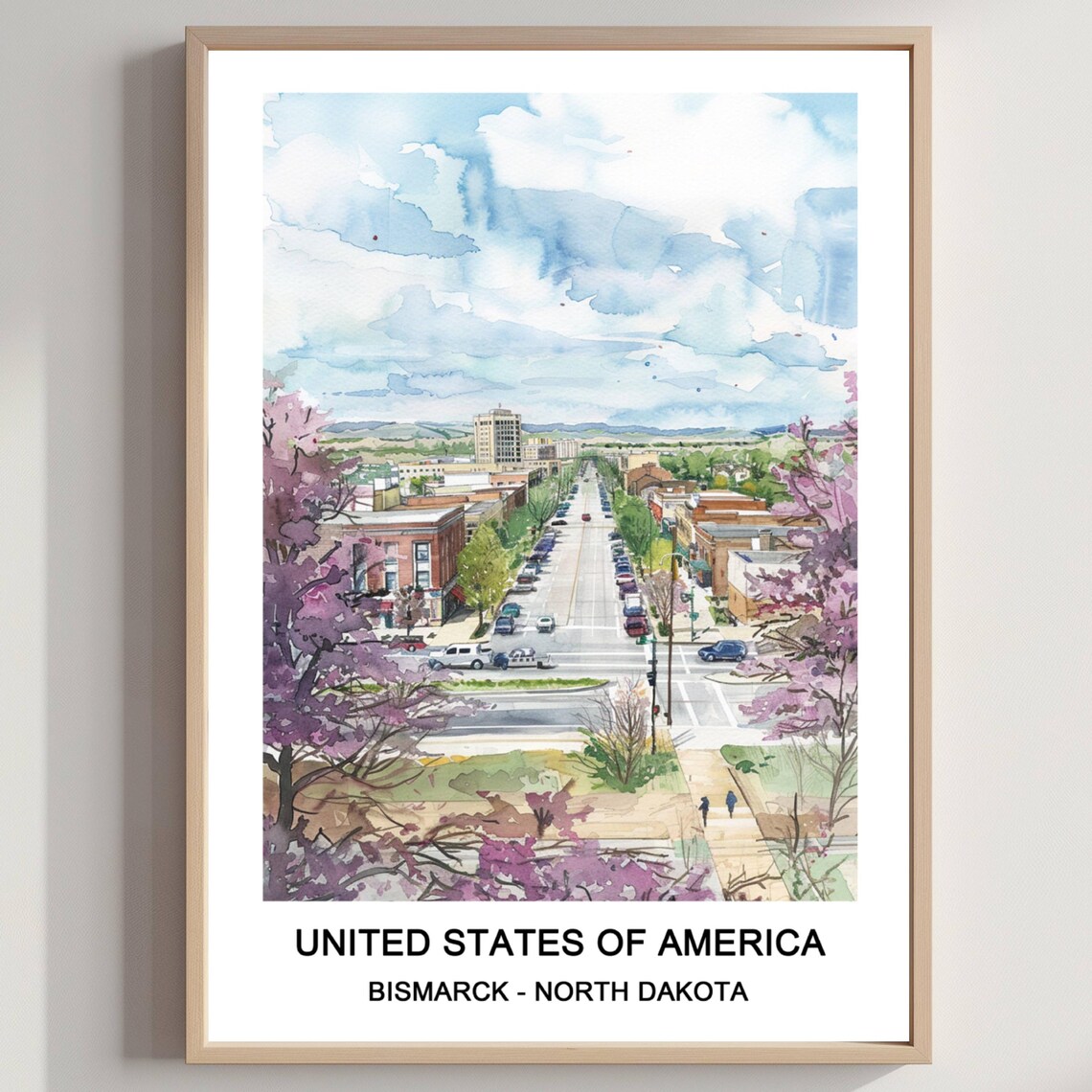Bismarck North Dakota Main Street Panorama Spring Watercolor Art Poster