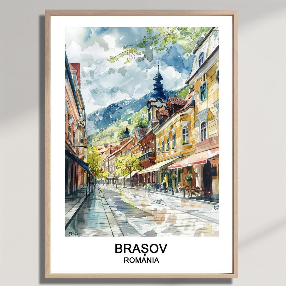 Brasov Romania Republic Street Mountain Town Watercolor Travel Poster