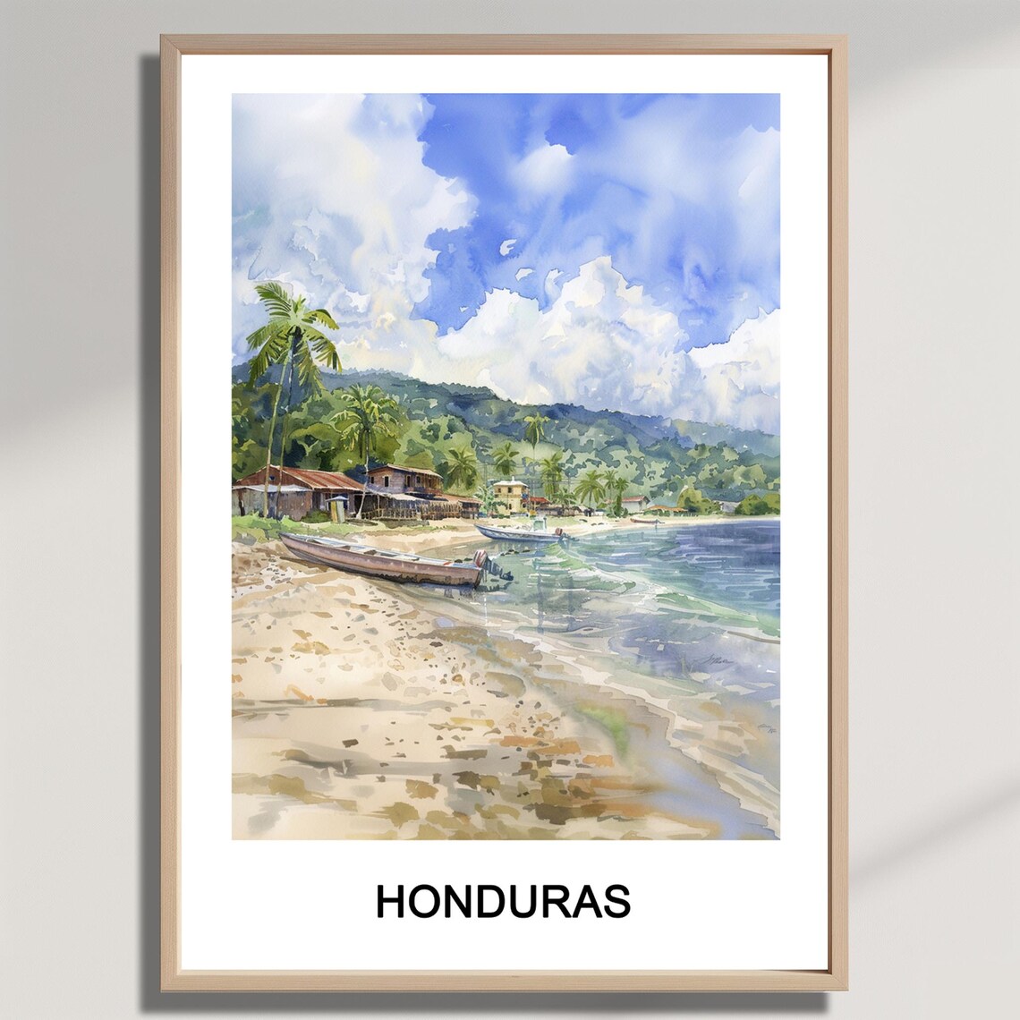 Honduras Caribbean Beach Watercolor Fishing Boats Travel Poster