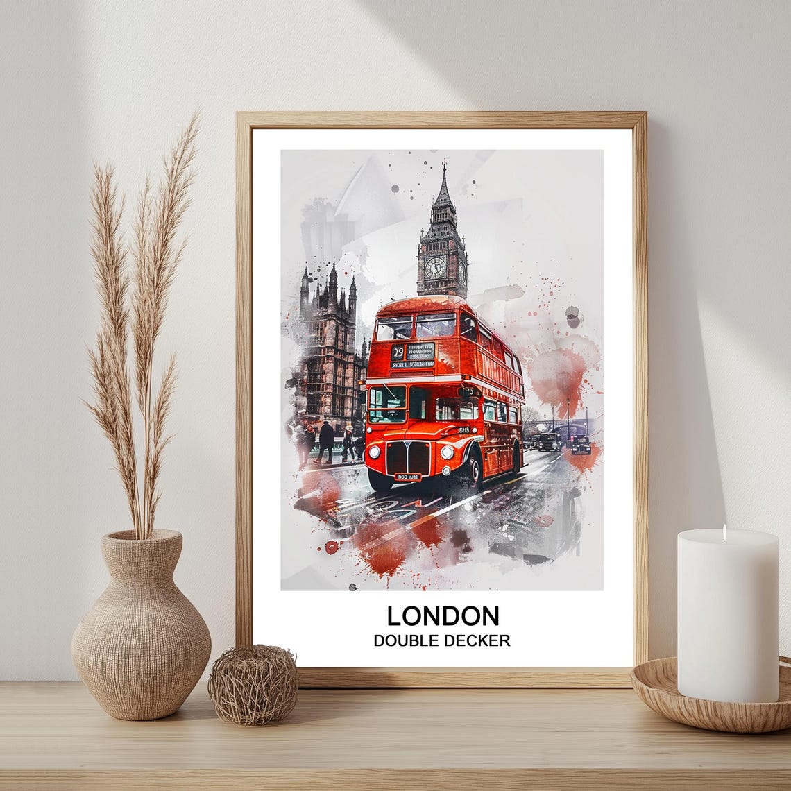 London Red Double Decker Bus And Big Ben Watercolor Travel Poster