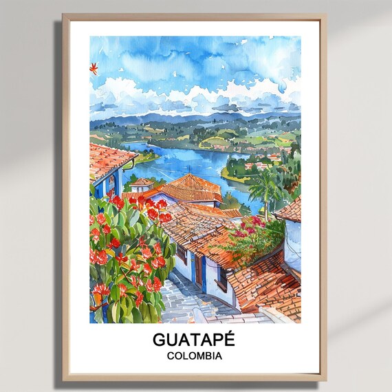 Guatape Colombia Watercolor Poster Lakeside Town Red Roofs Floral View
