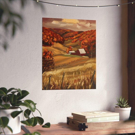 Vermont Autumn Red Barn Maple Valley Fall Landscape Art Poster