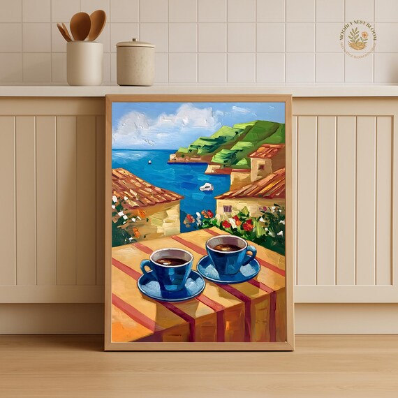 Blue Coffee Cups Mediterranean Terrace Seaside View Painting Poster