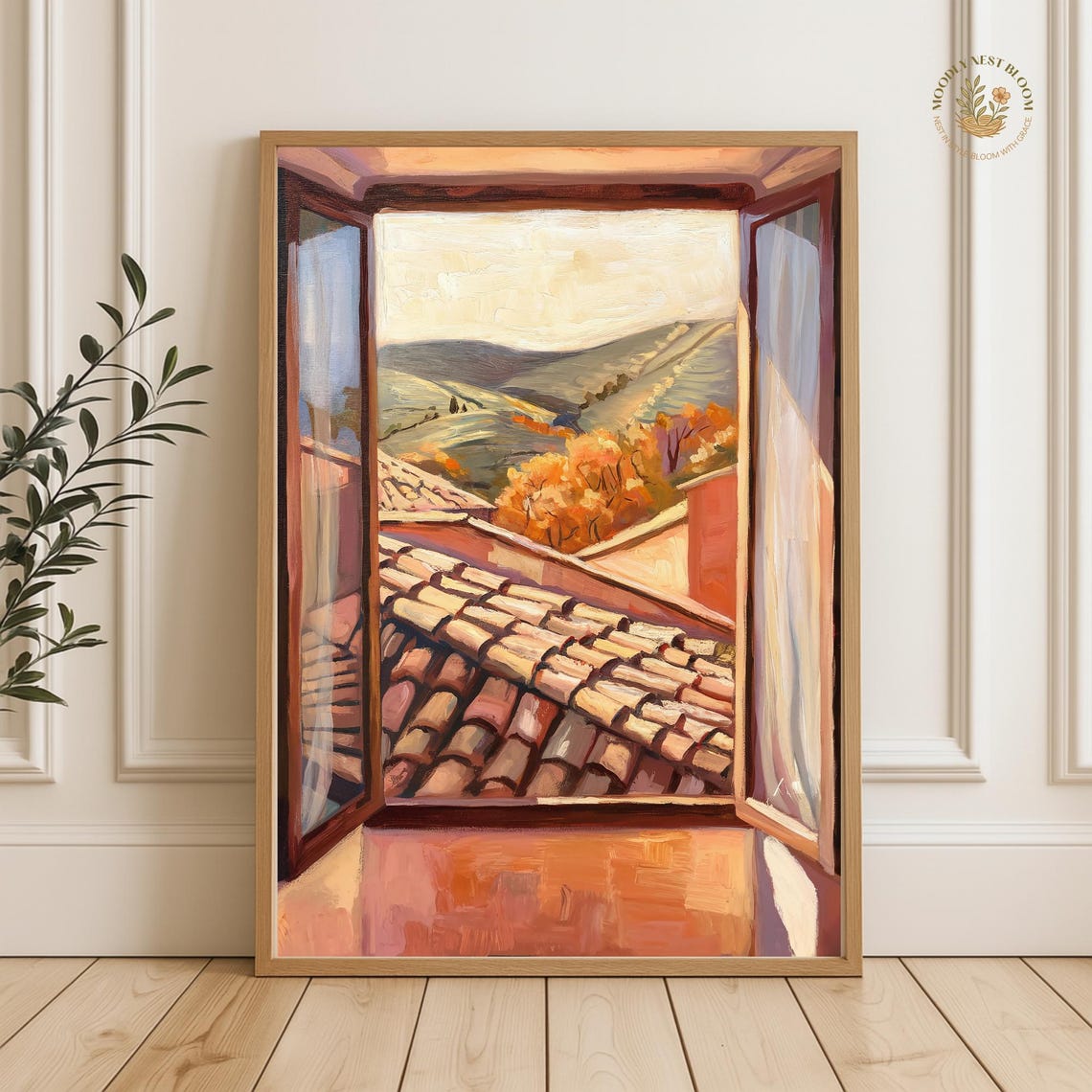 Tuscan Hillside View Through Open Window Terracotta Roofs Poster