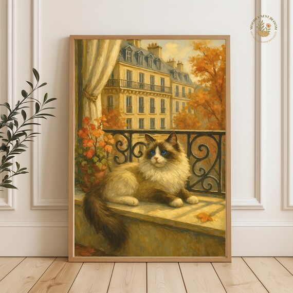 Ragdoll Cat on Paris Balcony Autumn Oil Painting Vintage Style Poster