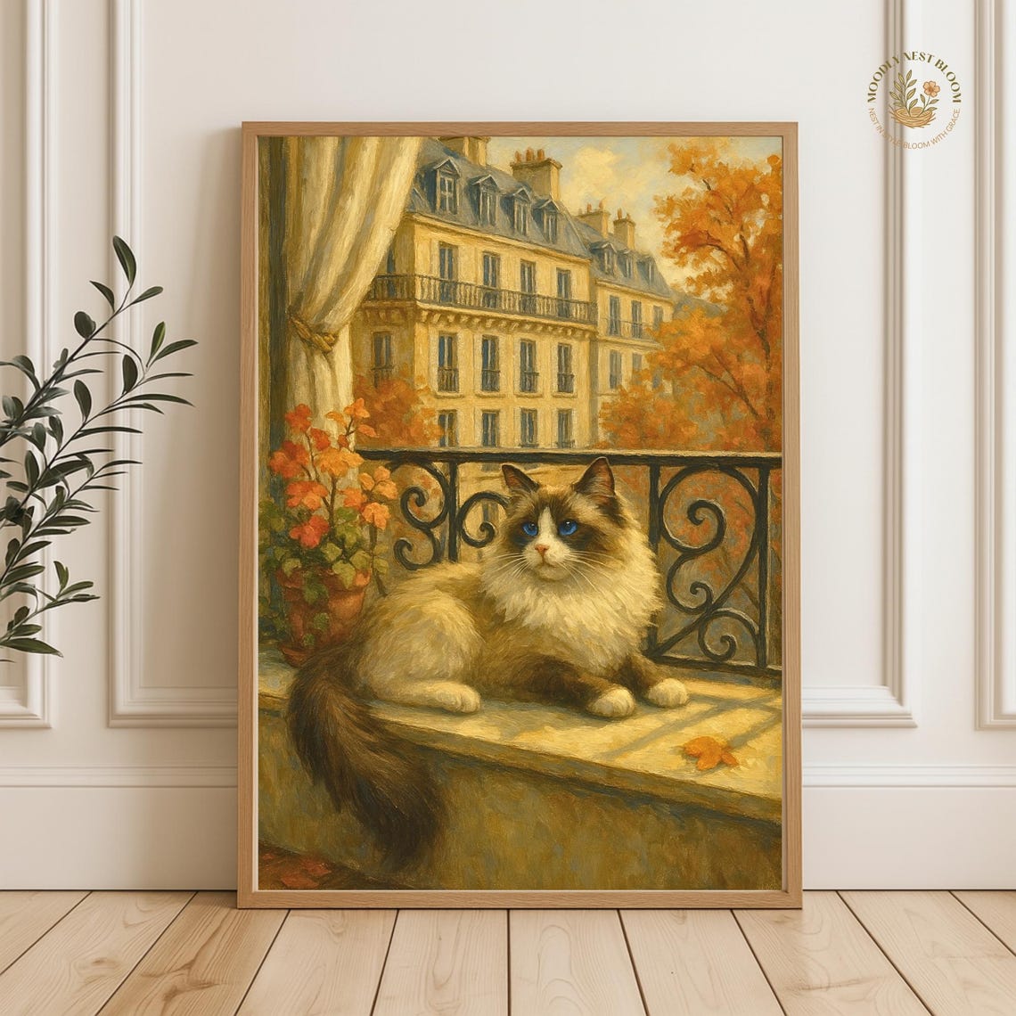 Ragdoll Cat on Paris Balcony Autumn Oil Painting Vintage Style Poster