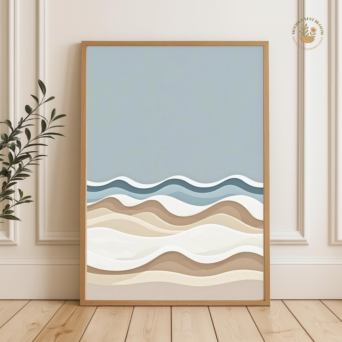 Minimalist Ocean Wave Print Neutral Beige Blue Abstract Coastal Surf Art