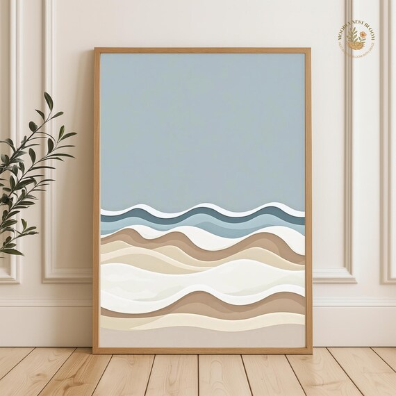Minimalist Ocean Wave Print Neutral Beige Blue Abstract Coastal Surf Art