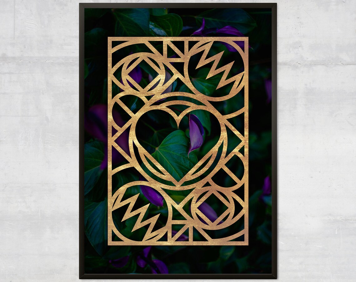 Golden Hearts Love Abstract Floral Art Print