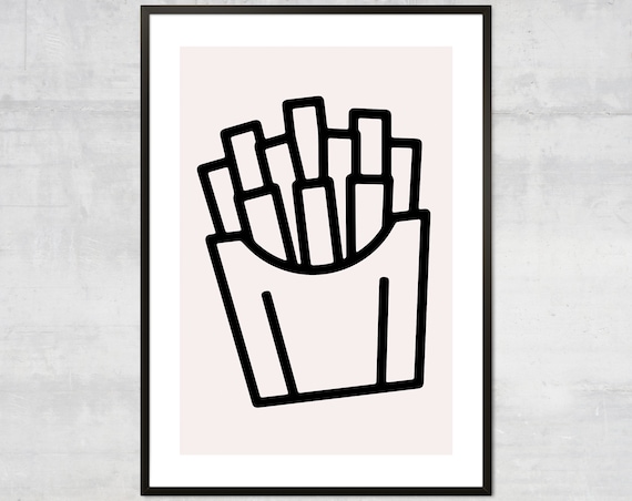 French Fries Line Art Minimalist Black White Fast Food Poster