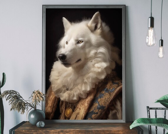 White Wolf Portrait Art Print Renaissance Animal Painting Human Body Unique Altered