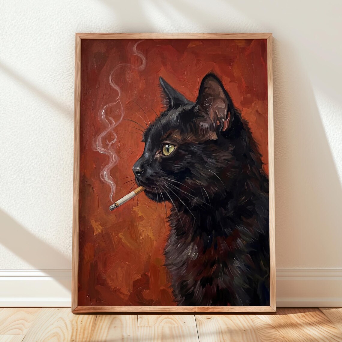 Black Cat With Cigarette Poster Funky Oil Painting Burnt Orange Room Decor