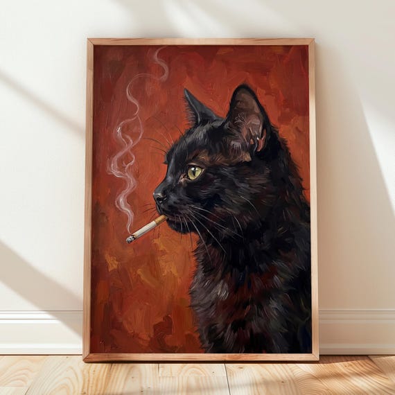 Black Cat With A Cigarette Poster Funky Wall Art