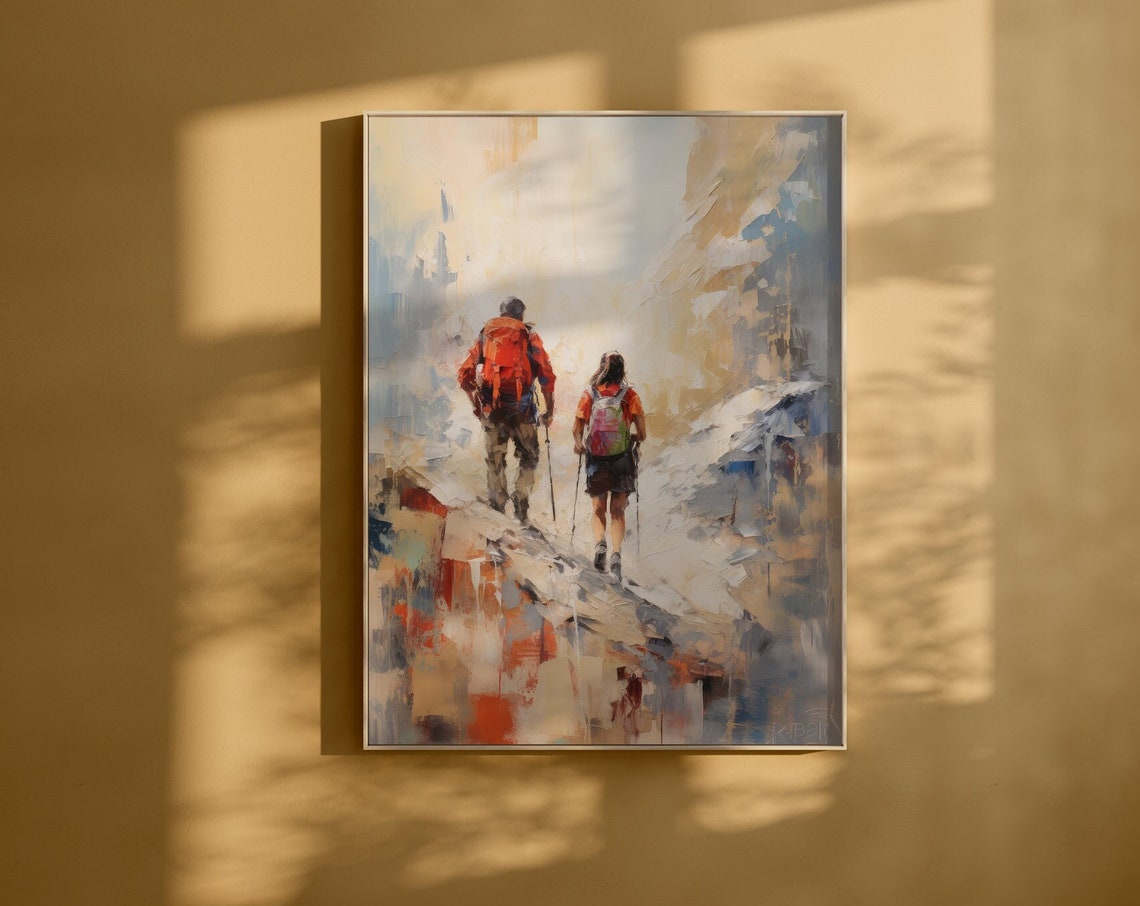 Two Hikers Climbing a Misty Mountain Trail Impressionist Art Poster