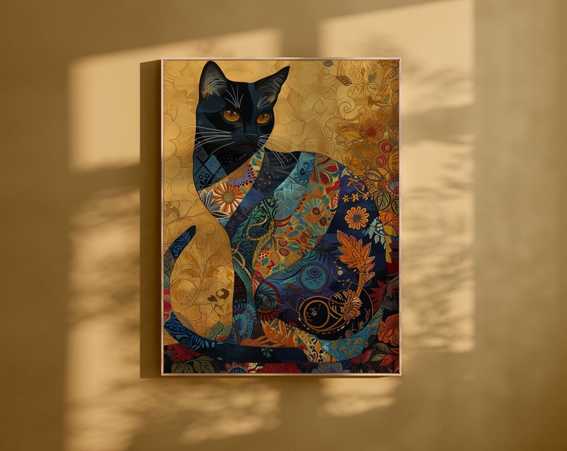 Midnight Blue Mosaic Cat with Floral Patterns on Gold Poster