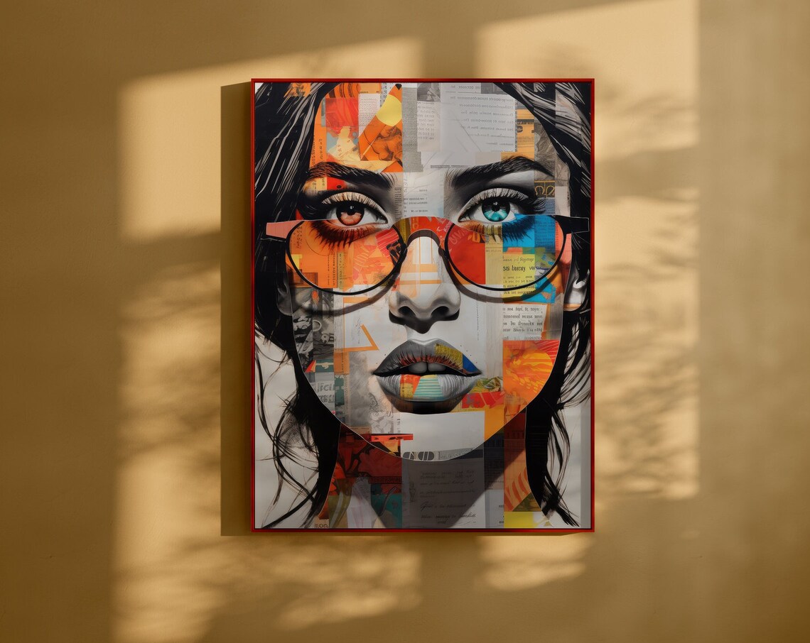 Collage Portrait Woman with Glasses and Colorful Paper Art Poster