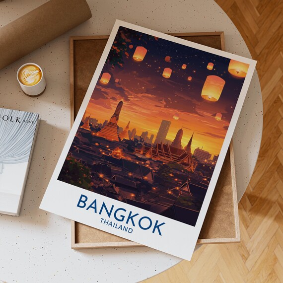 Bangkok Thailand Sky Lantern Festival Over Temples Sunset Travel Poster