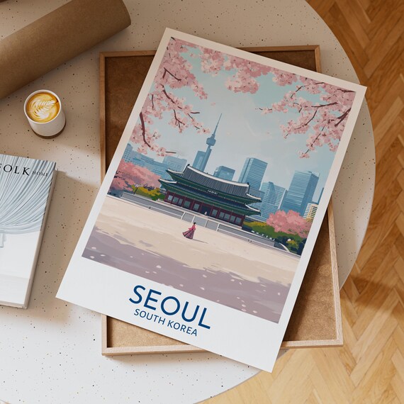 Seoul South Korea Palace Cherry Blossoms Skyline Travel Poster