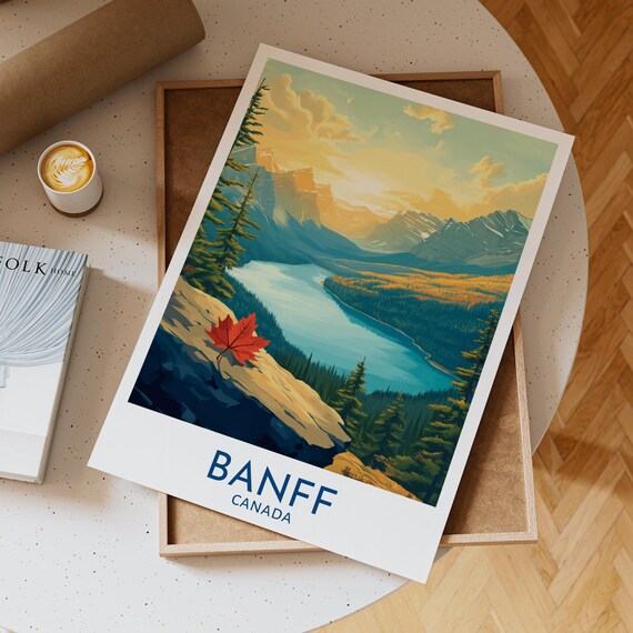 Banff Canada National Park Autumn Maple Leaf Above Turquoise Lake Poster