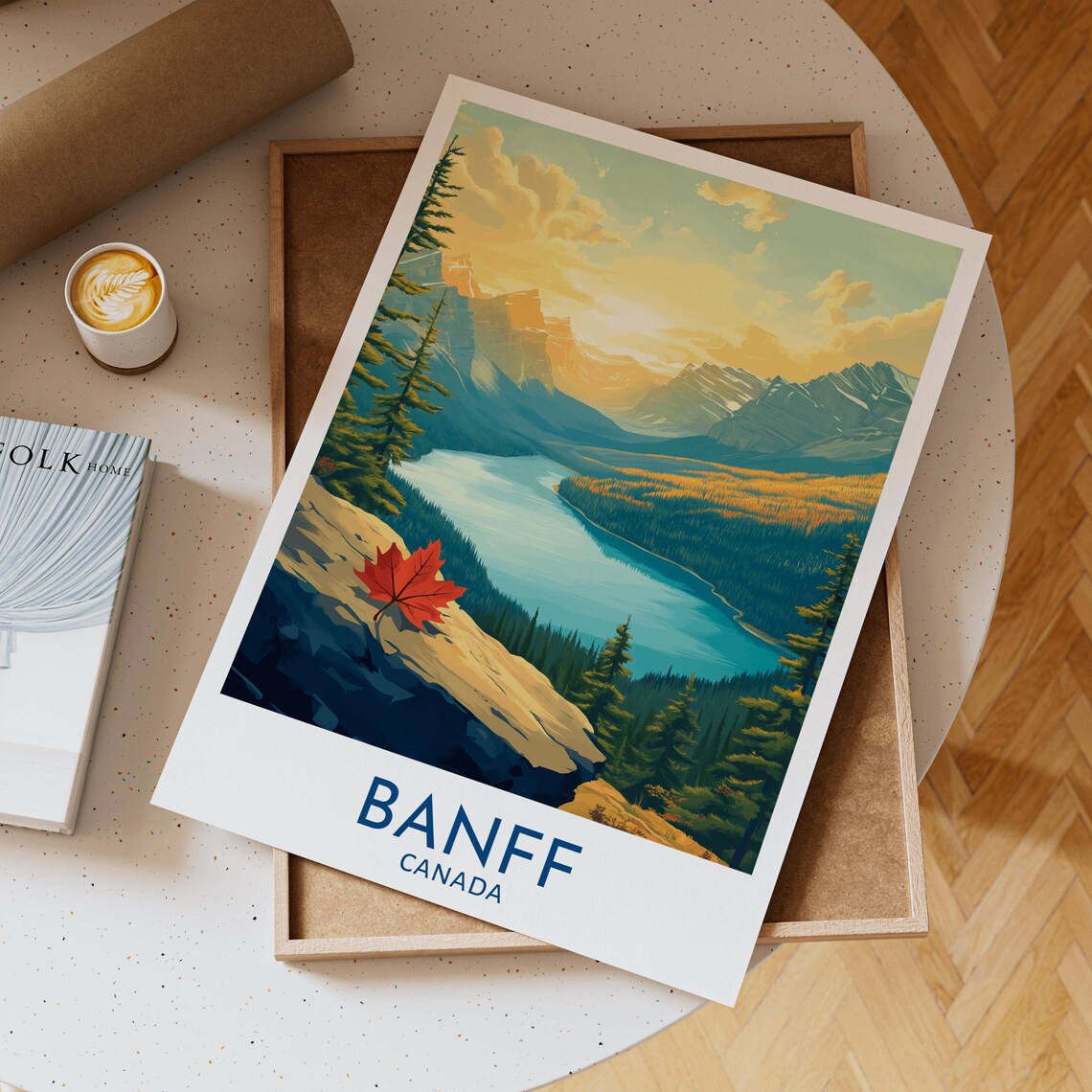 Banff Canada National Park Autumn Maple Leaf Above Turquoise Lake Poster