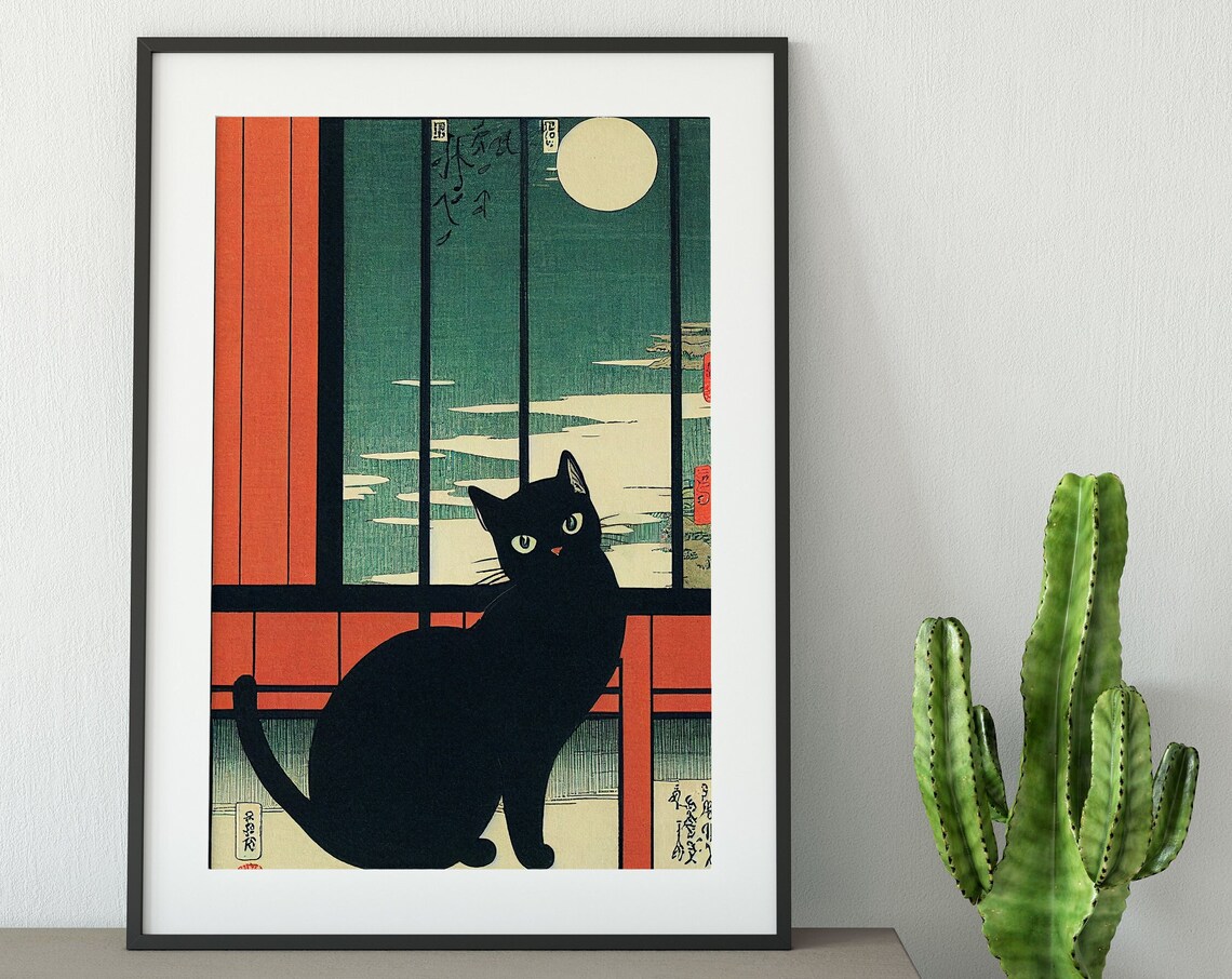 Japanese Cat In The Window, Black Cat Illustration Print