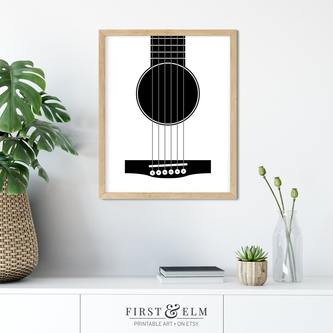 Minimalist Acoustic Guitar Sound Hole Strings Black White Art Poster - Image 3