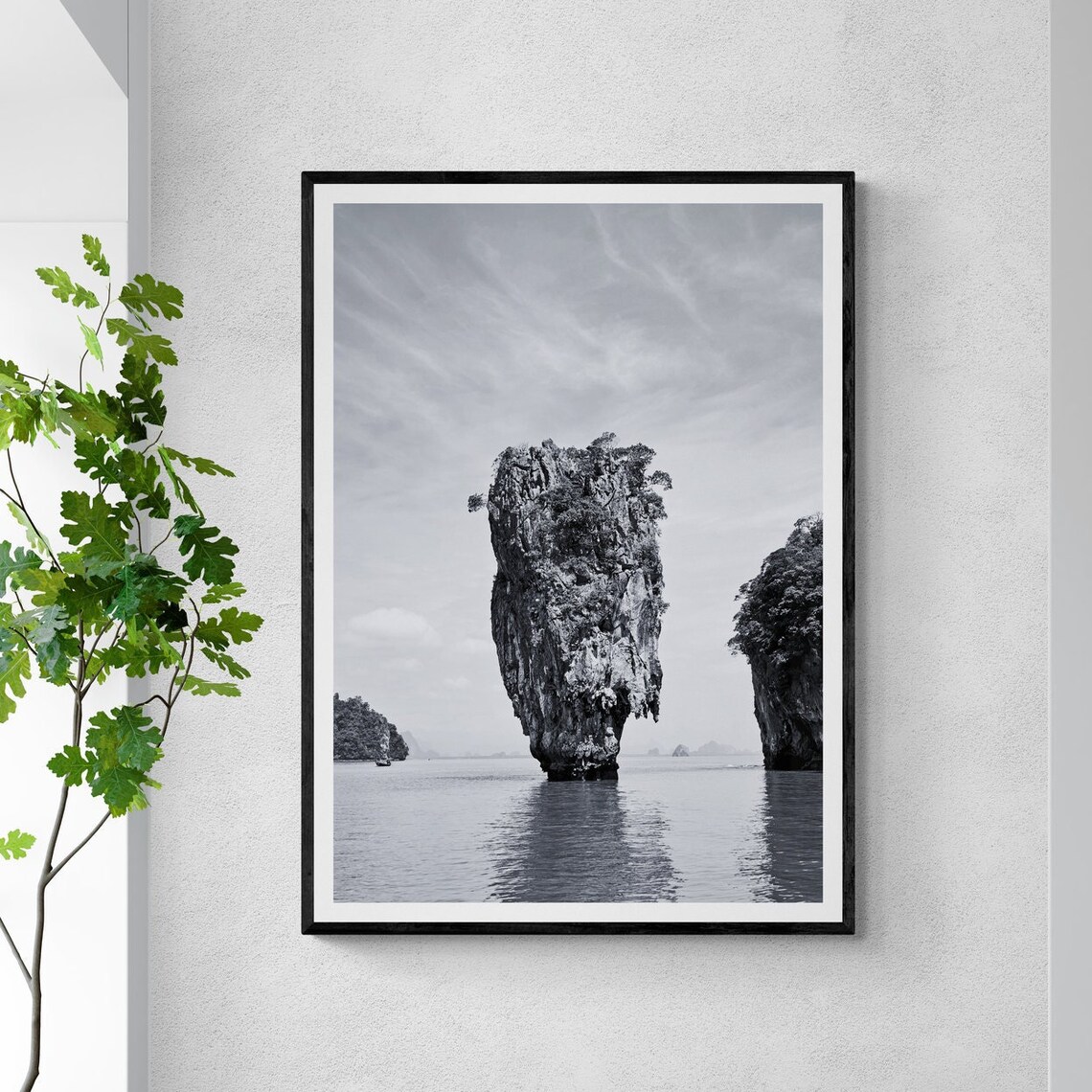 Phang Nga Bay Thailand Limestone Cliffs Black White Photo Poster