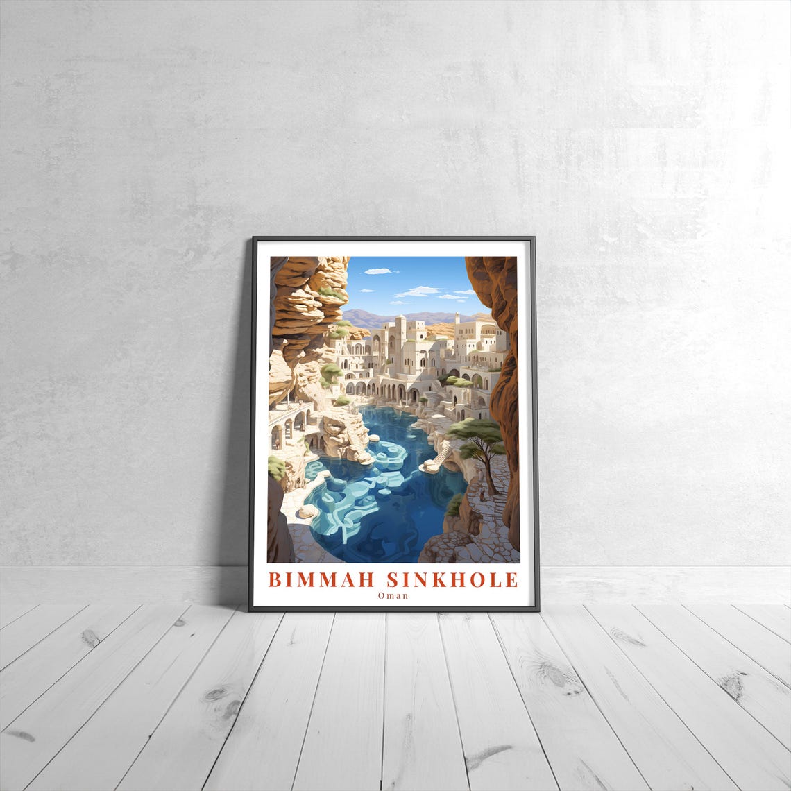 Bimmah Sinkhole Oman Turquoise Water Cliffs Vintage Travel Poster
