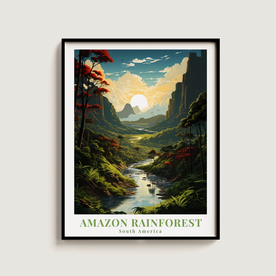 Amazon Rainforest South America Vintage Sunset River Travel Poster