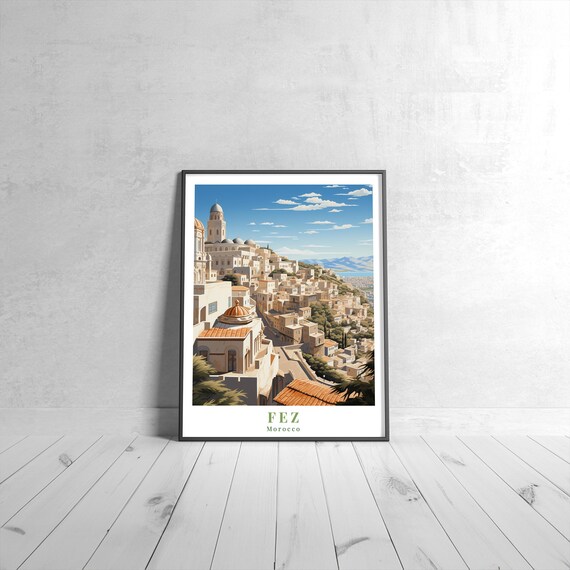 Fez Morocco Vintage Travel Poster Hillside Medina Illustration