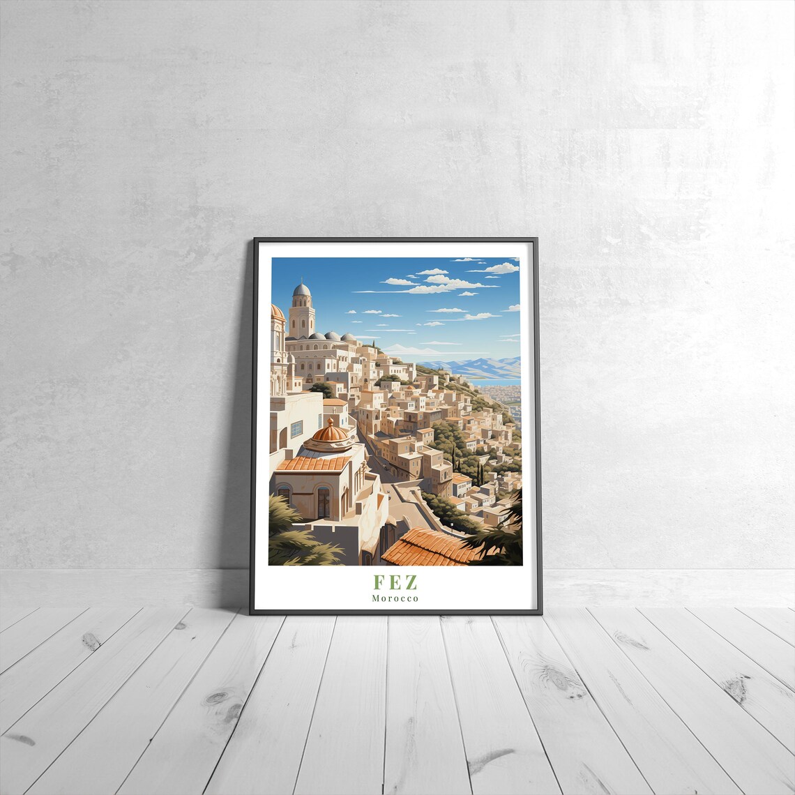 Fez Morocco Vintage Travel Poster Hillside Medina Illustration